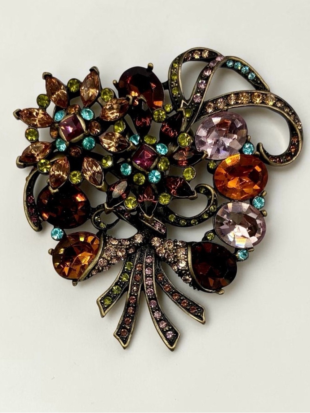 Heidi Daus Multicolor Crystal Floral Bouquet Bow Brooch Pin